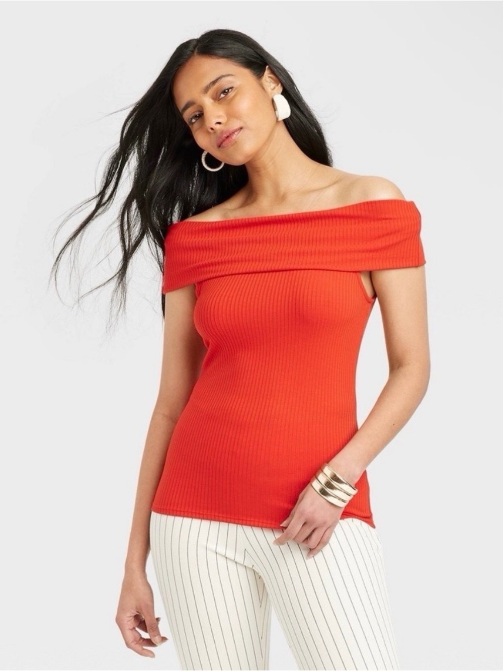 Off-Shoulder Ribbed Knit Sweater Top - Red